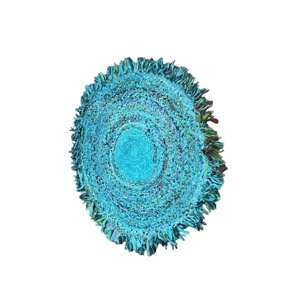 NWOT Handmade Braided Multi Color Block Rag Rug With Fringe Round Rug, - Picture 3 of 8